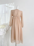 Beaded Long Sleeves Tiered Beige Dress