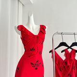 Black Floral Print V-Neckline Red Beach Dress