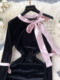 Black Satin Bow Cut-Out Velvet Dress