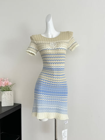 Stripe Knitted Short Sleeve Gradient Wave Slim-Fit Mini Dress