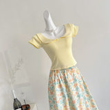 Yellow Peter Pan Collar Crop Top Floral Printed Midi Skirt