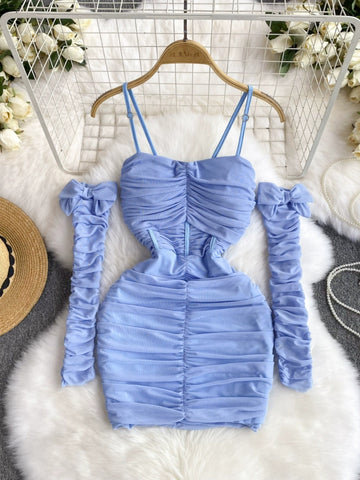 Azure Elegance Puff Sleeve Ruched Mini Dress