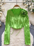 Green Satin Blouse with Statement Flower