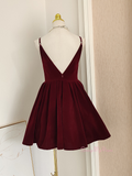 Short Mini A Line Velvet Burgundy V Neck Homecoming Dress