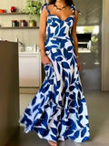 Blue Summer  Straps Printed Long Beach Dress