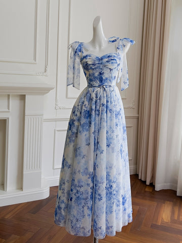 Tulle Tie Shoulder Blue Floral Print Party Dress