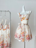 Vivid Floral Print Waist Tie Elegant Short Dress