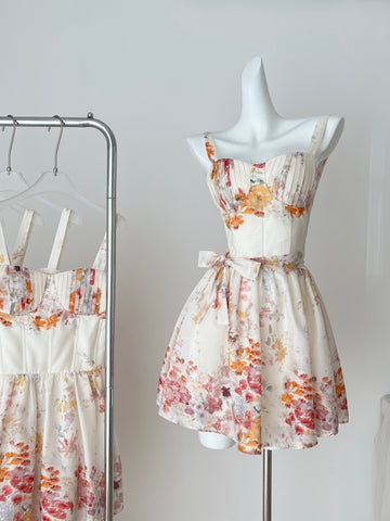 Vivid Floral Print Waist Tie Elegant Short Dress