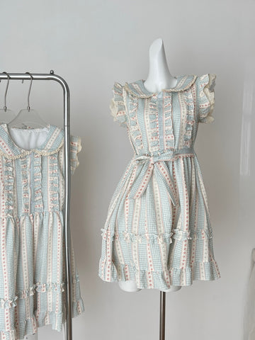 Ruffled Collar Sweet Short Sleeve Checkered Dress