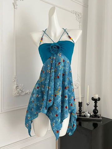 Floral Print Turquoise Halter Mini Dress L Floral Print Turquoise Halter Mini Dress L