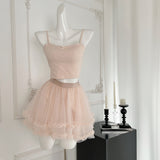 Ruffled Tulle Skirt Ribbon Sleeves Pink Three-Piece Set