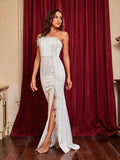 White Feather Patchwork Slit Asymmetric Party Dress