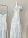 Elegant Blue and White Lace Tiered Dress