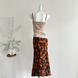 Midi Skirt Sheer Lace Cami Top Floral Print Set