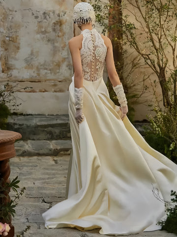 2024 Simple Halter Lace & Satin A Line Wedding Dress Sassymyprom 2024 Simple Halter Lace & Satin A Line Wedding Dress Sassymyprom