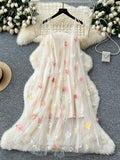 Cream Sheer Tulle Multicolored Flower Summer Dress