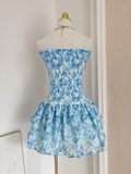 Ruffles Print Short Mini Blue Strapless Homecoming Dress