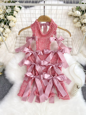 Elegant Rose Ribbon-Tied Knit Cocktail Dress
