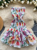 Ruffled Hem Vibrant Print Floral Smocked Summer Dress