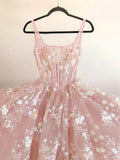 Pink Square Neck A Line Floral Prom Dress