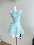 Bow Halter Neck Light Blue Ruffled Mini Dress