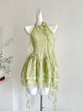 Enchanting Light Green Textured Halter Dress
