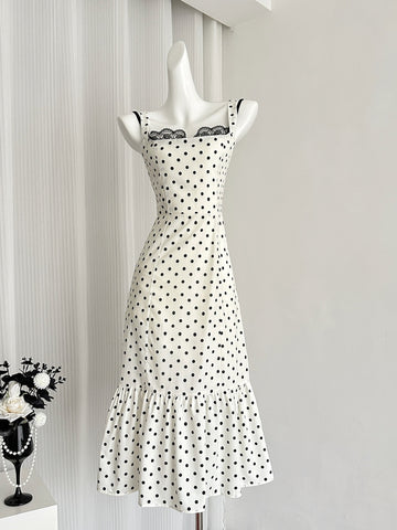 Lace Trim Ruffled Hem Polka Dot Dress