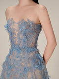 Blue Lace Strapless Flower Party Dress