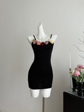 Rose Embellishments Bodycon Fit  Black Club Dress