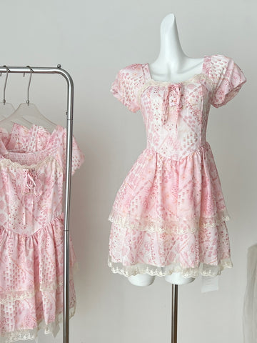 Cute Square Ruffled Hem Sweet Pink Floral Dress