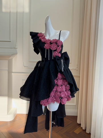 Black Short Mini Pink One Shoulder Flower Pearls Homecoming Dress