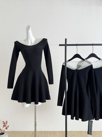 Glittering Mesh Long-Sleeve Fit & Flare Dress