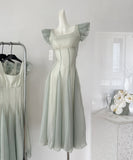 Sage Green Puffy Sleeve Summer Chiffon Long Dress