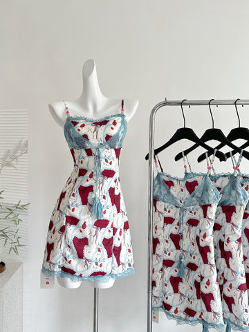 Blue Lace Trim Tassel Printed Spaghetti Strap Dress