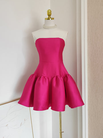 Satin Short Mini Ruffles Strapless Fuchsia Homecoming Dress