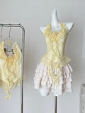 Polka Dot Yellow Halter Crop Top Ruffled Mini Skirt