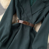 Stylish Belt Lapel Collar Dark Green Maxi Dress