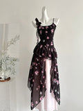 Pink Floral Pattern Layered Black Mini Dress