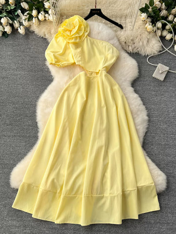 Elegant Yellow One Shoulder Maxi Dress
