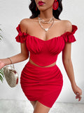 Off-Shoulder Red Crop Top and Skirt Combo