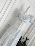 Elegant Blue and White Lace Tiered Dress