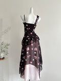 Pink Floral Pattern Layered Black Mini Dress