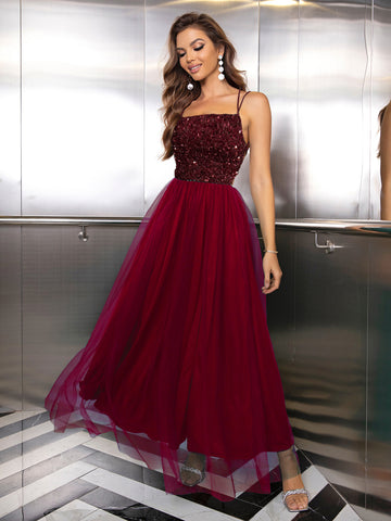 Burgundy Tulle Sequin Mesh Cami Party Dress