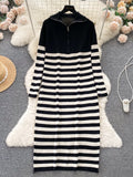 High Collar Black White Striped Midi Dress