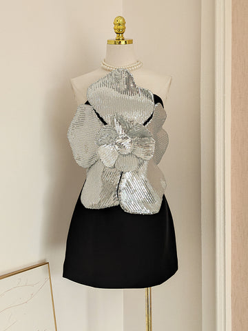 Black Satin Short Mini Silver Flower Homecoming Dress