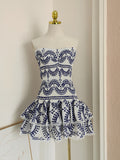 Short Mini A Line Blue Print Strapless Homecoming Dress