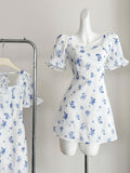 Delicate Blue Floral Motifs Square Neck Mini Dress