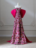 Fuchsia Floral Trumpet Mermaid Prom Dress With Bow