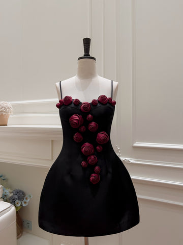 Short Mini Spaghetti Straps Black Rose Flowers Homecoming Dress