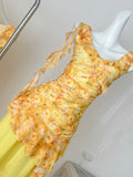 Floral Tiered Skirt One Shoulder Yellow Dress